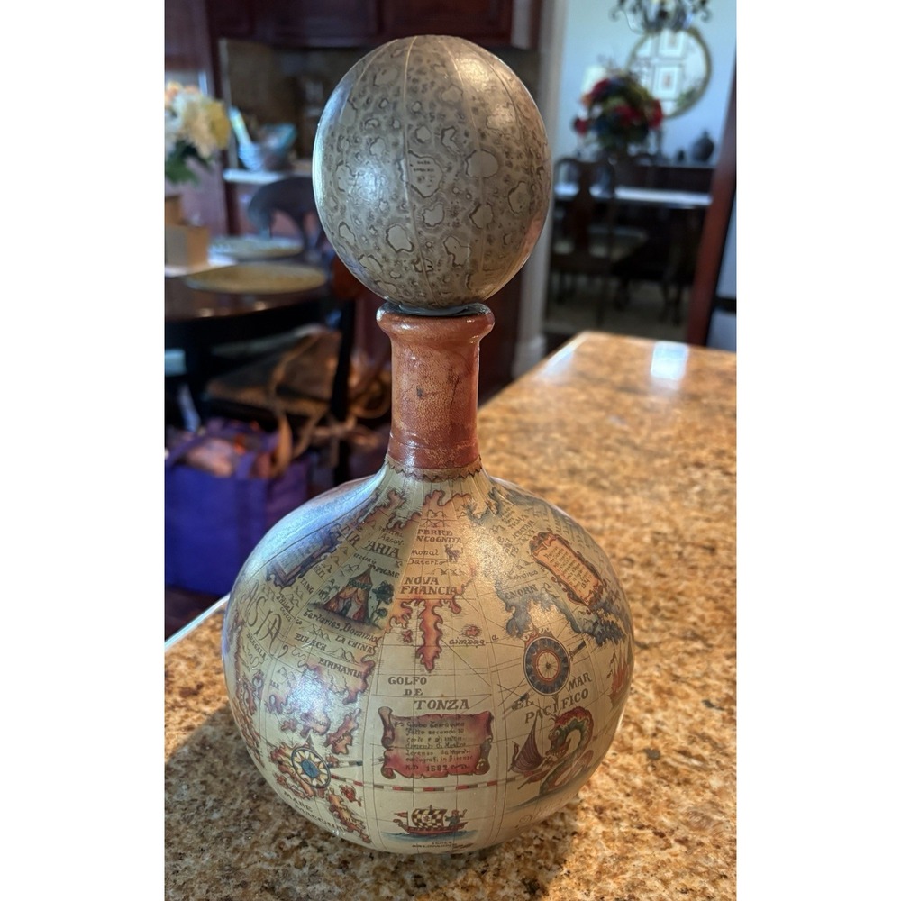 VTG Italian Leather Wrapped Decanter Bottle Old World Map Florentia Craft #1699
